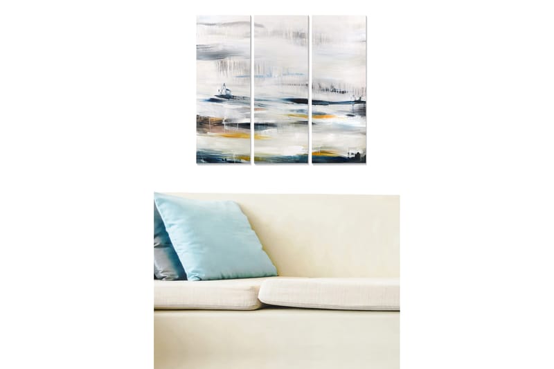 Canvastavla i trä 3-delar 50x70 cm - Abstrakt landskap med mjuka färgövergångar, Grå / Vit / Blå