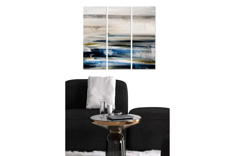 Canvastavla i trä 3-delar 50x70 cm - Abstrakt landskap med mjuka färgövergångar, Mörkblå / Beige / Grön