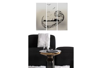 Canvastavla i trä 3-delar 50x70 cm - Abstrakt landskap med stiliserade fåglar och silhuetter av byggnader - Svart / Grå - Inredning - Tavlor & posters - Canvastavla