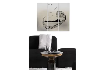 Canvastavla i trä 3-delar 50x70 cm - Abstrakt landskap med stiliserade fåglar och silhuetter av byggnader - Svart / Grå - Inredning - Tavlor & posters - Canvastavla