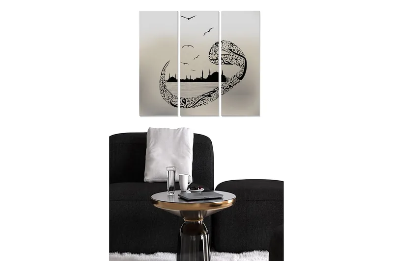 Canvastavla i trä 3-delar 50x70 cm - Abstrakt landskap med stiliserade fåglar och silhuetter av byggnader, Svart / Grå