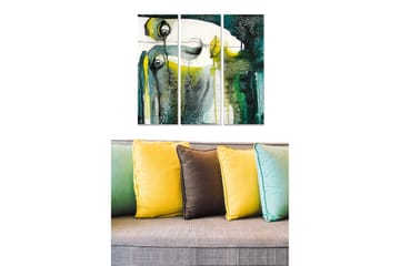 Canvastavla i trä 3-delar 50x70 cm - Abstrakt porträtt med ögon och flytande former - Mörkgrön / Gul / Vit - Inredning - Tavlor & posters - Canvastavla