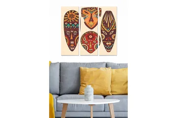 Canvastavla i trä 3-delar 50x70 cm - Abstrakta ansikten i färgglada masker - Röd / Brun / Blå - Inredning - Tavlor & posters - Canvastavla