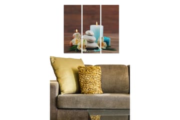 Canvastavla i trä 3-delar 50x70 cm - Avkopplande stillhet med ljus, stenar och blommor - Vit / Ljusblå / Grön - Inredning - Tavlor & posters - Canvastavla