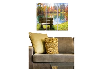 Canvastavla i trä 3-delar 50x70 cm - Bänk vid en spegelblanka sjö omgiven av höstfärger - Grön / Orange / Blå - Inredning - Tavlor & posters - Canvastavla
