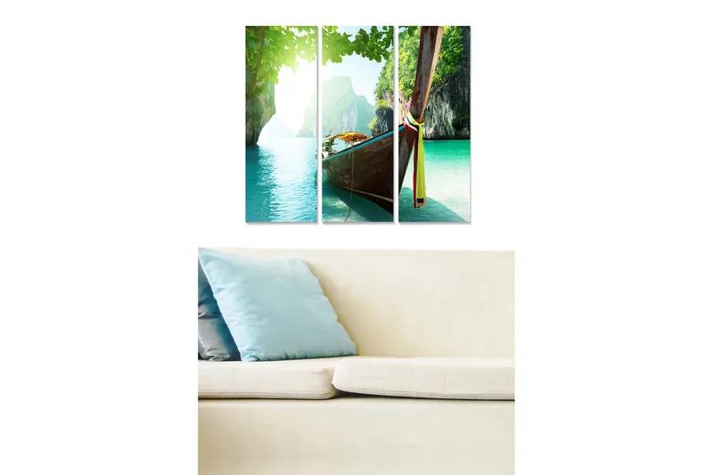 Canvastavla i trä 3-delar 50x70 cm - Båt vid en tropisk strand med klara, turkosa vatten - Turkos / Grön / Brun - Inredning - Tavlor & posters - Canvastavla