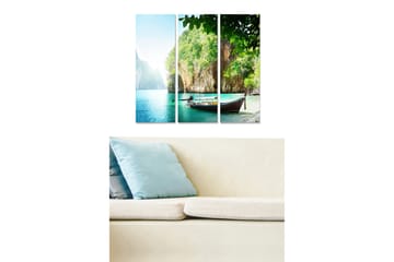 Canvastavla i trä 3-delar 50x70 cm - Båt vid en tropisk strand med klippor och grönska - Turkos / Grön / Beige - Inredning - Tavlor & posters - Canvastavla
