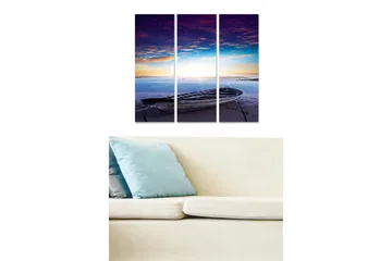 Canvastavla i trä 3-delar 50x70 cm - Båt vid strandkanten under en färgsprakande solnedgång - Lila / Blå / Orange - Inredning - Tavlor & posters - Canvastavla