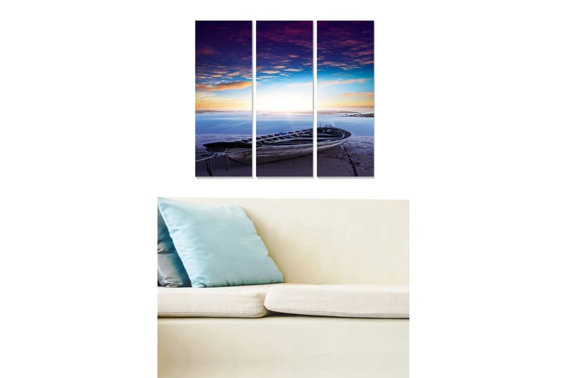 Canvastavla i trä 3-delar 50x70 cm - Båt vid strandkanten under en färgsprakande solnedgång, Lila / Blå / Orange