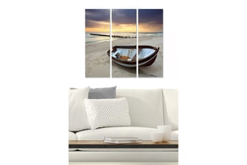 Canvastavla i trä 3-delar 50x70 cm - Båt på stranden vid solnedgången - Blå / Orange / Brun - Inredning - Tavlor & posters - Canvastavla
