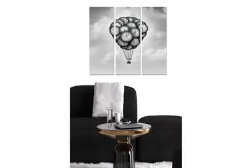 Canvastavla i trä 3-delar 50x70 cm - Ballong fylld med klockor svävande i himlen - Svart / Grå / Vit - Inredning - Tavlor & posters - Canvastavla