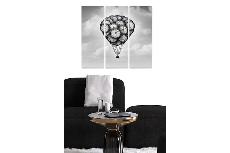 Canvastavla i trä 3-delar 50x70 cm - Ballong fylld med klockor svävande i himlen, Svart / Grå / Vit