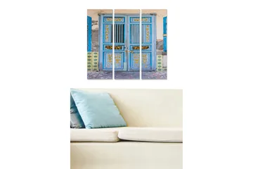 Canvastavla i trä 3-delar 50x70 cm - Blå dörr med dekorativa detaljer och mönster - Blå / Gul / Grön - Inredning - Tavlor & posters - Canvastavla