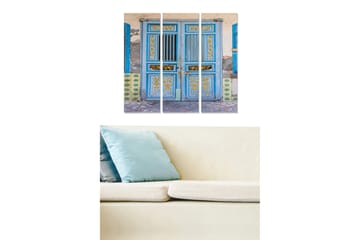 Canvastavla i trä 3-delar 50x70 cm - Blå dörr med dekorativa detaljer och mönster - Blå / Gul / Grön - Inredning - Tavlor & posters - Canvastavla