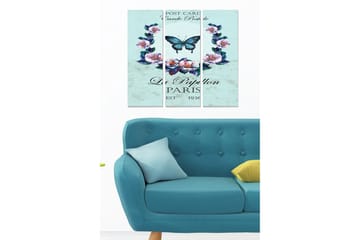 Canvastavla i trä 3-delar 50x70 cm - Blå fjäril omgiven av blommor i en romantisk komposition - Ljusblå / Lila / Grön - Inredning - Tavlor & posters - Canvastavla