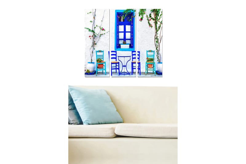 Canvastavla i trä 3-delar 50x70 cm - Blå stolar och bord i en solig utemiljö, Blå / Vit / Grön