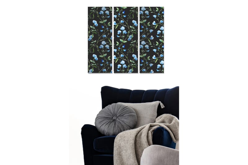 Canvastavla i trä 3-delar 50x70 cm - Blommönster med blå ärtor på svart bakgrund - Blå / Grön / Svart - Inredning - Tavlor & posters - Canvastavla
