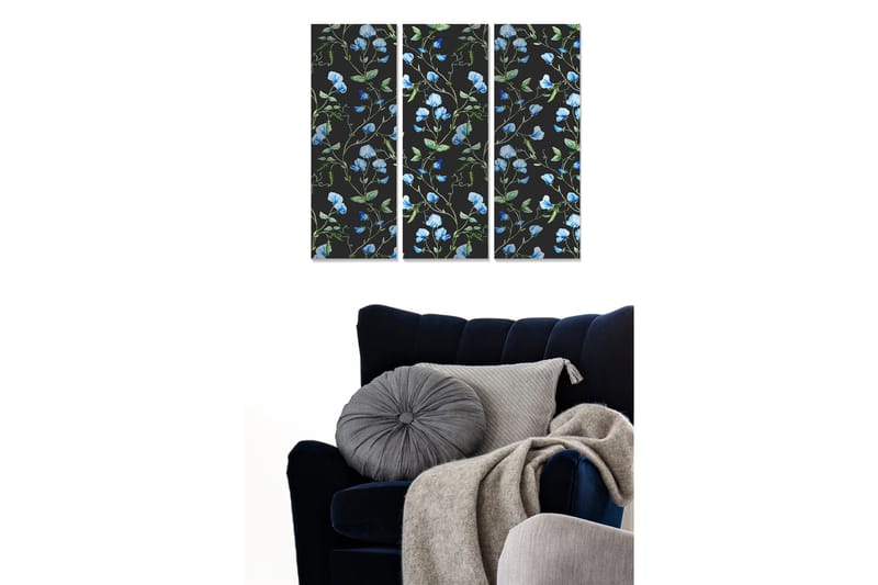Canvastavla i trä 3-delar 50x70 cm - Blommönster med blå ärtor på svart bakgrund, Blå / Grön / Svart