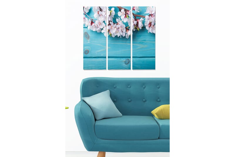Canvastavla i trä 3-delar 50x70 cm - Blommande körsbärsgrenar mot en turkos bakgrund - Turkos / Vit / Rosa - Inredning - Tavlor & posters - Canvastavla