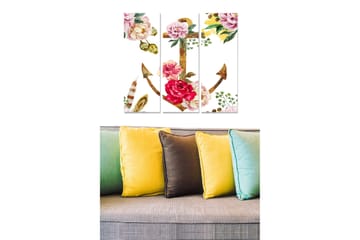 Canvastavla i trä 3-delar 50x70 cm - Blommig ankare med färgglada blommor och gröna blad - Rosa / Grön / Gul - Inredning - Tavlor & posters - Canvastavla