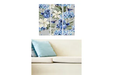 Canvastavla i trä 3-delar 50x70 cm - Blommig komposition med blå och vita blommor - Blå / Vit - Inredning - Tavlor & posters - Canvastavla