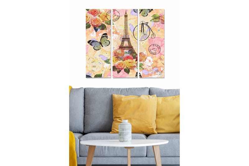 Canvastavla i trä 3-delar 50x70 cm - Blommig komposition med Eiffeltornet och fjärilar, Rosa / Grön / Gul