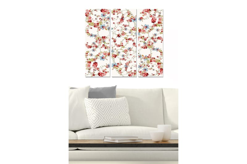Canvastavla i trä 3-delar 50x70 cm - Blommig komposition med röda och blå detaljer - Röd / Blå / Grön - Inredning - Tavlor & posters - Canvastavla