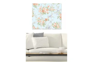 Canvastavla i trä 3-delar 50x70 cm - Blommig komposition med rosor och små blommor - Ljusblå / Korall / Grön - Inredning - Tavlor & posters - Canvastavla