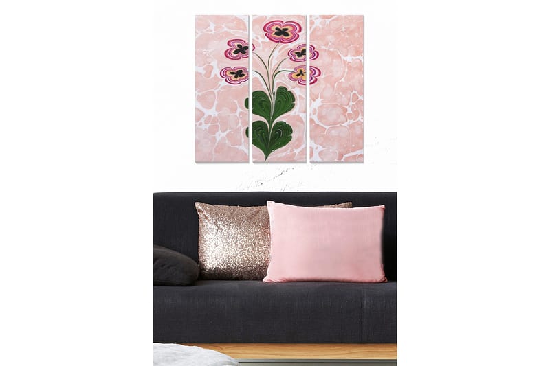 Canvastavla i trä 3-delar 50x70 cm - Blommor med rosa och svarta detaljer, Rosa / Grön / Svart