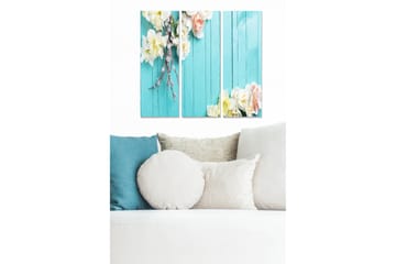 Canvastavla i trä 3-delar 50x70 cm - Blommor mot en turkos bakgrund - Turkos / Vit / Rosa - Inredning - Tavlor & posters - Canvastavla