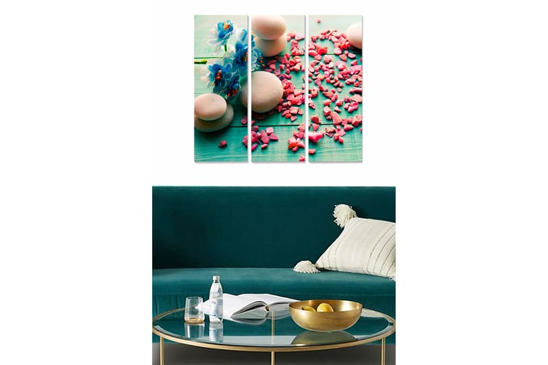 Canvastavla i trä 3-delar 50x70 cm - Blommor och stenar på en turkos bakgrund med rosa dekorationer, Turkos / Rosa / Beige