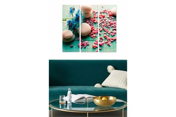 Canvastavla i trä 3-delar 50x70 cm - Blommor och stenar på en turkos bakgrund med rosa dekorationer - Turkos / Rosa / Beige - Inredning - Tavlor & posters - Canvastavla