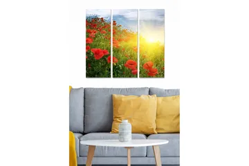 Canvastavla i trä 3-delar 50x70 cm - Blomsterfält med röda vallmo i soluppgång - Röd / Grön / Gul - Inredning - Tavlor & posters - Canvastavla