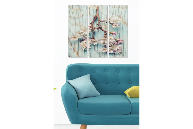 Canvastavla i trä 3-delar 50x70 cm - Blomstergren med rosa blommor mot en ljusblå bakgrund - Ljusblå / Rosa - Inredning - Tavlor & posters - Canvastavla