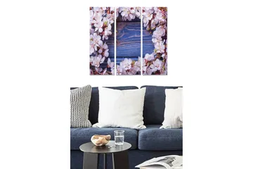 Canvastavla i trä 3-delar 50x70 cm - Blomsterkrans av körsbärsblommor mot en blå bakgrund - Ljusrosa / Blå / Grön - Inredning - Tavlor & posters - Canvastavla