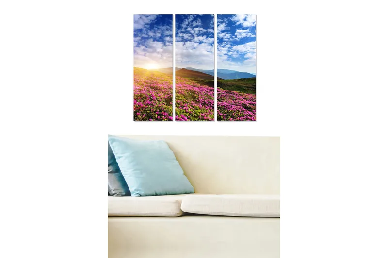 Canvastavla i trä 3-delar 50x70 cm - Blomstrande äng med färgglada blommor och en soluppgång i bakgrunden, Rosa / Grön / Blå