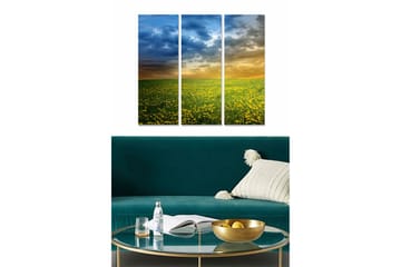 Canvastavla i trä 3-delar 50x70 cm - Blomstrande fält med gula maskrosor under en dramatisk himmel - Gult / Blått / Grönt - Inredning - Tavlor & posters - Canvastavla