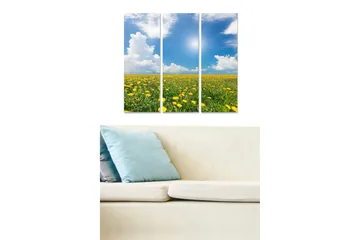 Canvastavla i trä 3-delar 50x70 cm - Blomstrande fält med maskrosor under en klar blå himmel - Gul / Grön / Blå - Inredning - Tavlor & posters - Canvastavla