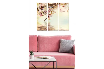 Canvastavla i trä 3-delar 50x70 cm - Blomstrande körsbärsgren med fjärilar och spegelbild i vatten - Rosa / Vit / Ljusblå - Inredning - Tavlor & posters - Canvastavla