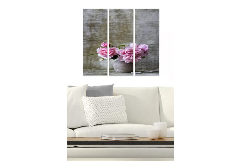 Canvastavla i trä 3-delar 50x70 cm - Bukett av rosa blommor i en keramisk kruka, Rosa / Grå / Grön