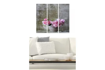 Canvastavla i trä 3-delar 50x70 cm - Bukett av rosa blommor i en keramisk kruka - Rosa / Grå / Grön - Inredning - Tavlor & posters - Canvastavla