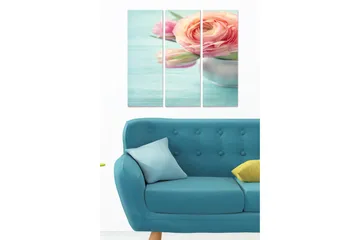 Canvastavla i trä 3-delar 50x70 cm - Bukett av rosa blommor i en silverfärgad vas - Rosa / Grön / Silver - Inredning - Tavlor & posters - Canvastavla