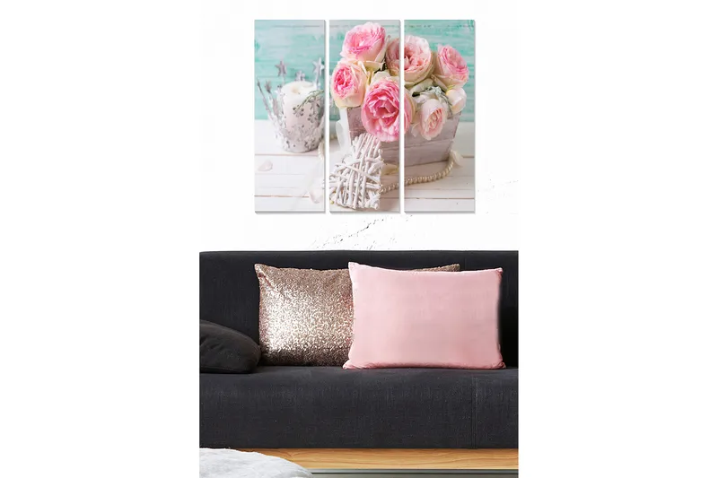 Canvastavla i trä 3-delar 50x70 cm - Bukett av rosa rosor i en träkorg - Rosa / Grå / Vit - Inredning - Tavlor & posters - Canvastavla