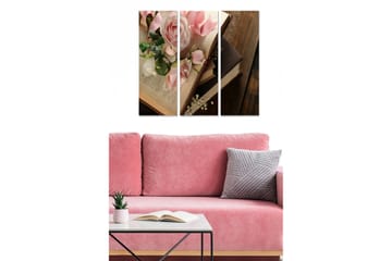 Canvastavla i trä 3-delar 50x70 cm - Bukett av rosa rosor och böcker - Rosa / Grön / Beige - Inredning - Tavlor & posters - Canvastavla
