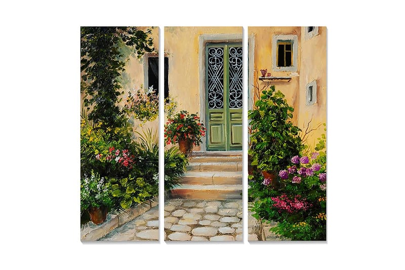Canvastavla i trä 3-delar 50x70 cm - Charmig entré med blomstrande trädgård, Grön / Rosa / Gul