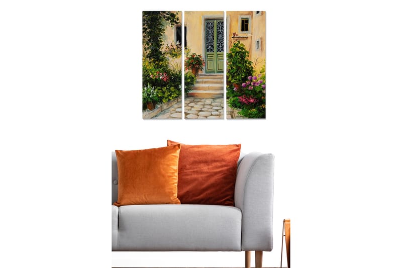 Canvastavla i trä 3-delar 50x70 cm - Charmig entré med blomstrande trädgård - Grön / Rosa / Gul - Inredning - Tavlor & posters - Canvastavla