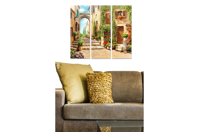 Canvastavla i trä 3-delar 50x70 cm - Charmig gata med blommor och historiska byggnader, Grön / Rosa / Beige