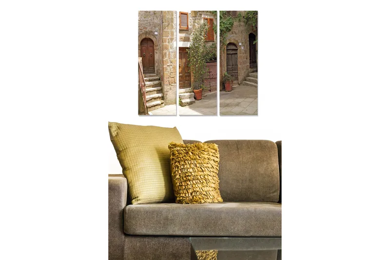 Canvastavla i trä 3-delar 50x70 cm - Charmig gränd med gamla dörrar och trappor - Beige / Brun / Grön - Inredning - Tavlor & posters - Canvastavla