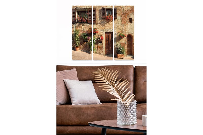 Canvastavla i trä 3-delar 50x70 cm - Charmig italiensk husfasad med blommor i fönstren, Terrakotta / Grå / Grön