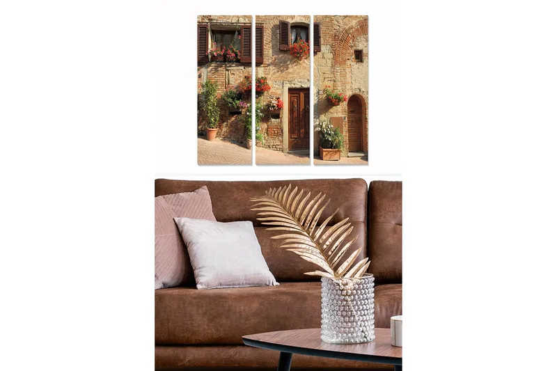 Canvastavla i trä 3-delar 50x70 cm - Charmig italiensk husfasad med blommor i fönstren, Terrakotta / Grå / Grön